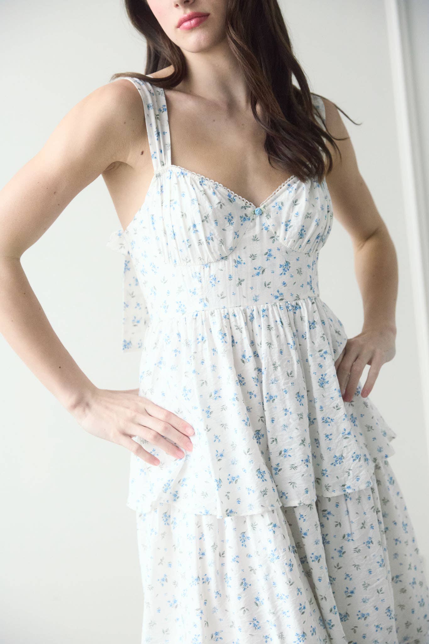 FLORAL CORSET RUFFLE MIDI DRESS