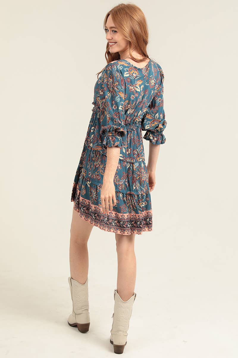 V NECK SMOCKED WAIST SKIRT DRESS