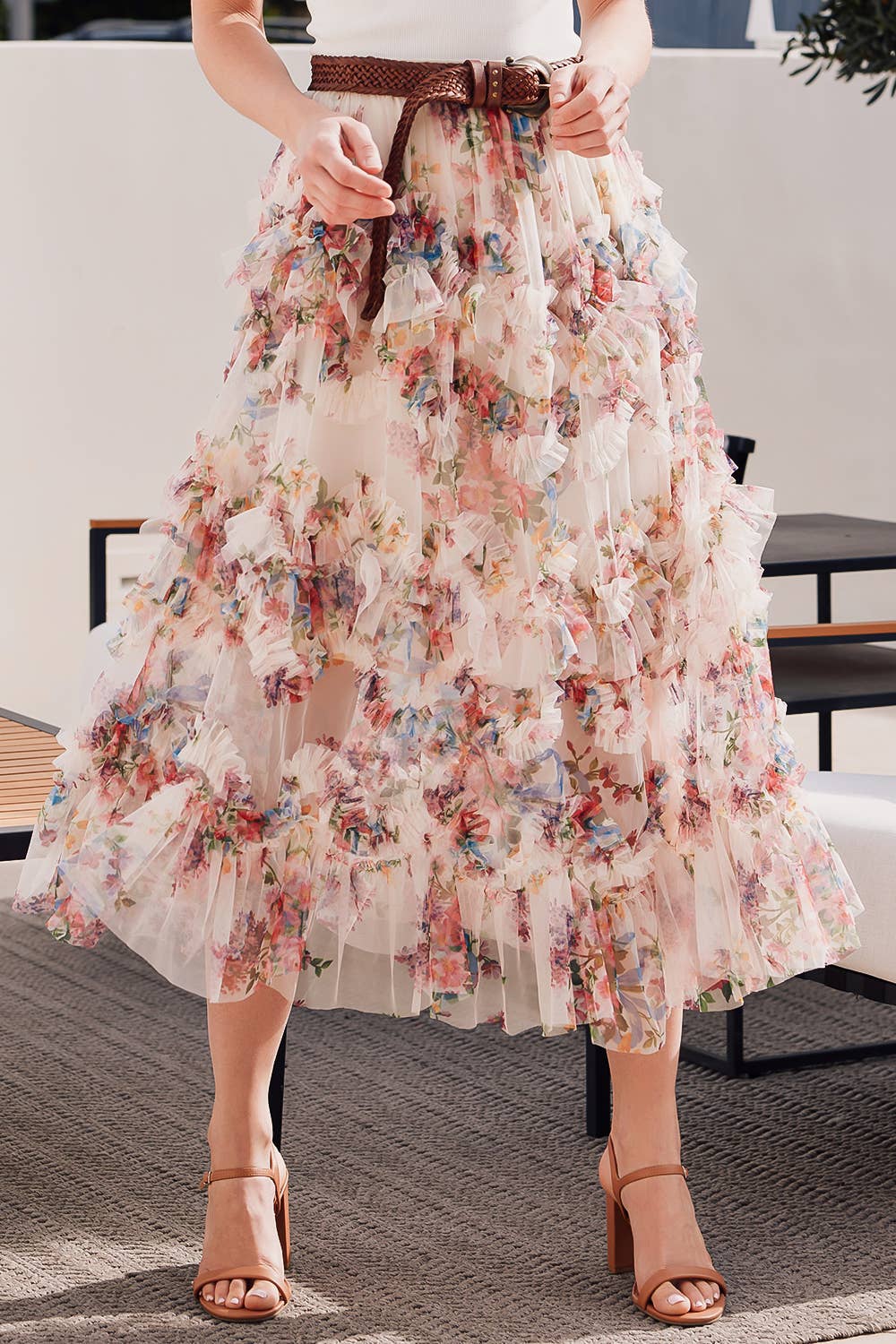FLORAL MESH MIDI SKIRT