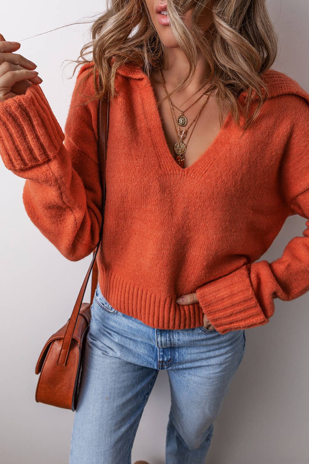 Collared V Neck Ribbed Sweater