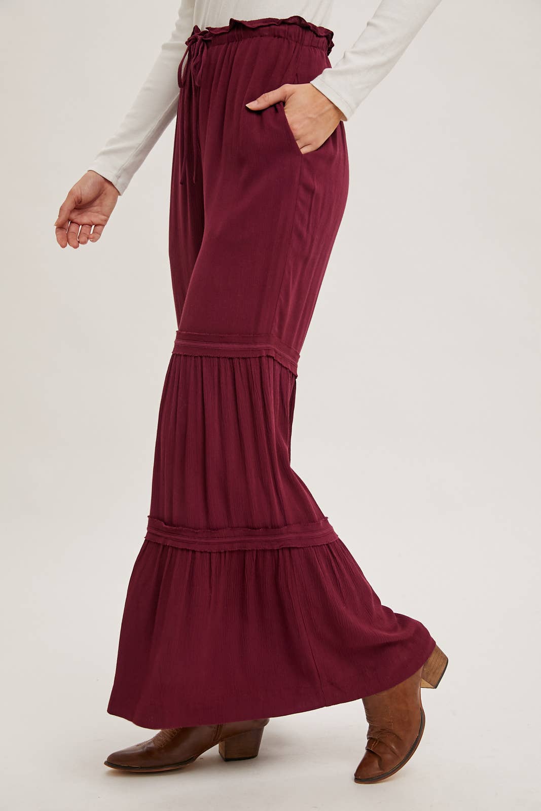 DRAWSTRING TIERED PALAZZO PANTS