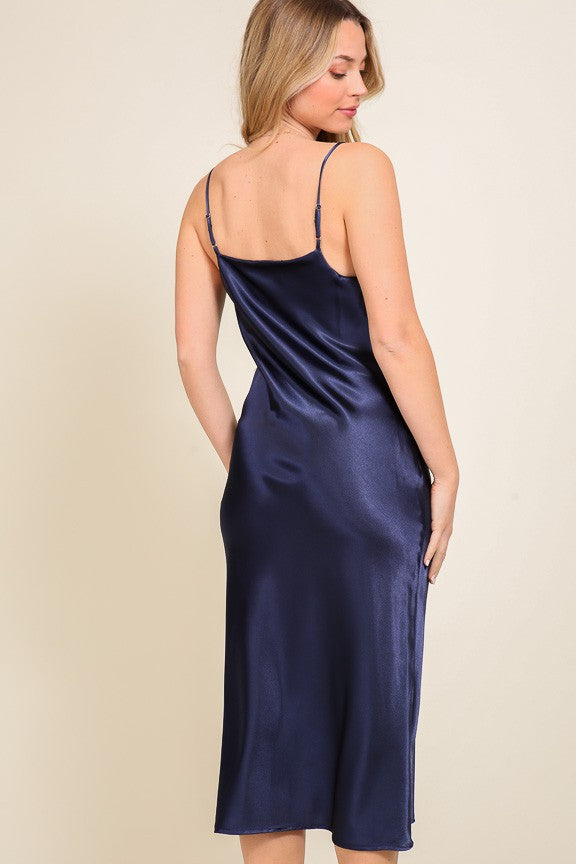Satin Cowl Neck Midi Dress