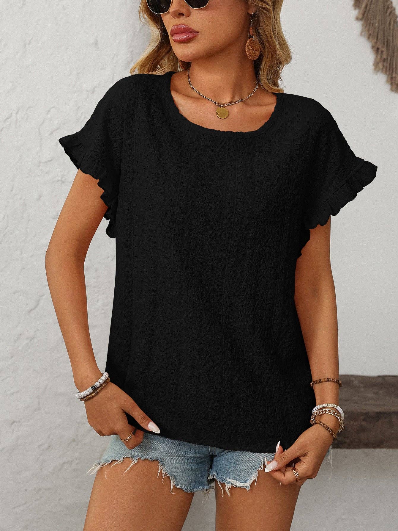 Eyelet Ruffle Sleeve Top