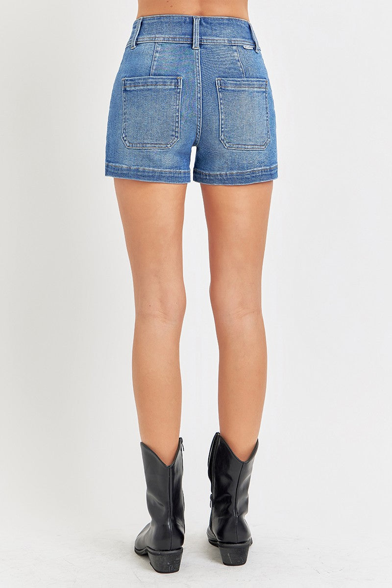 High Rise Patch Denim Shorts