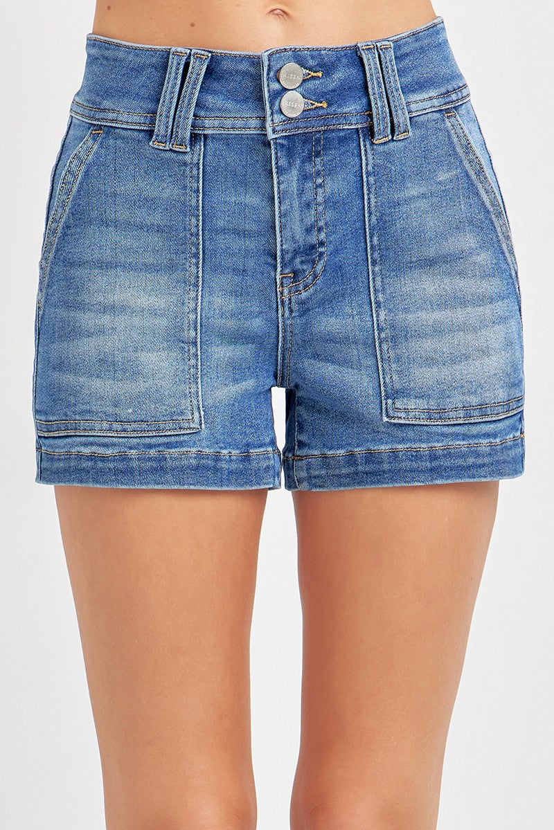 High Rise Patch Denim Shorts
