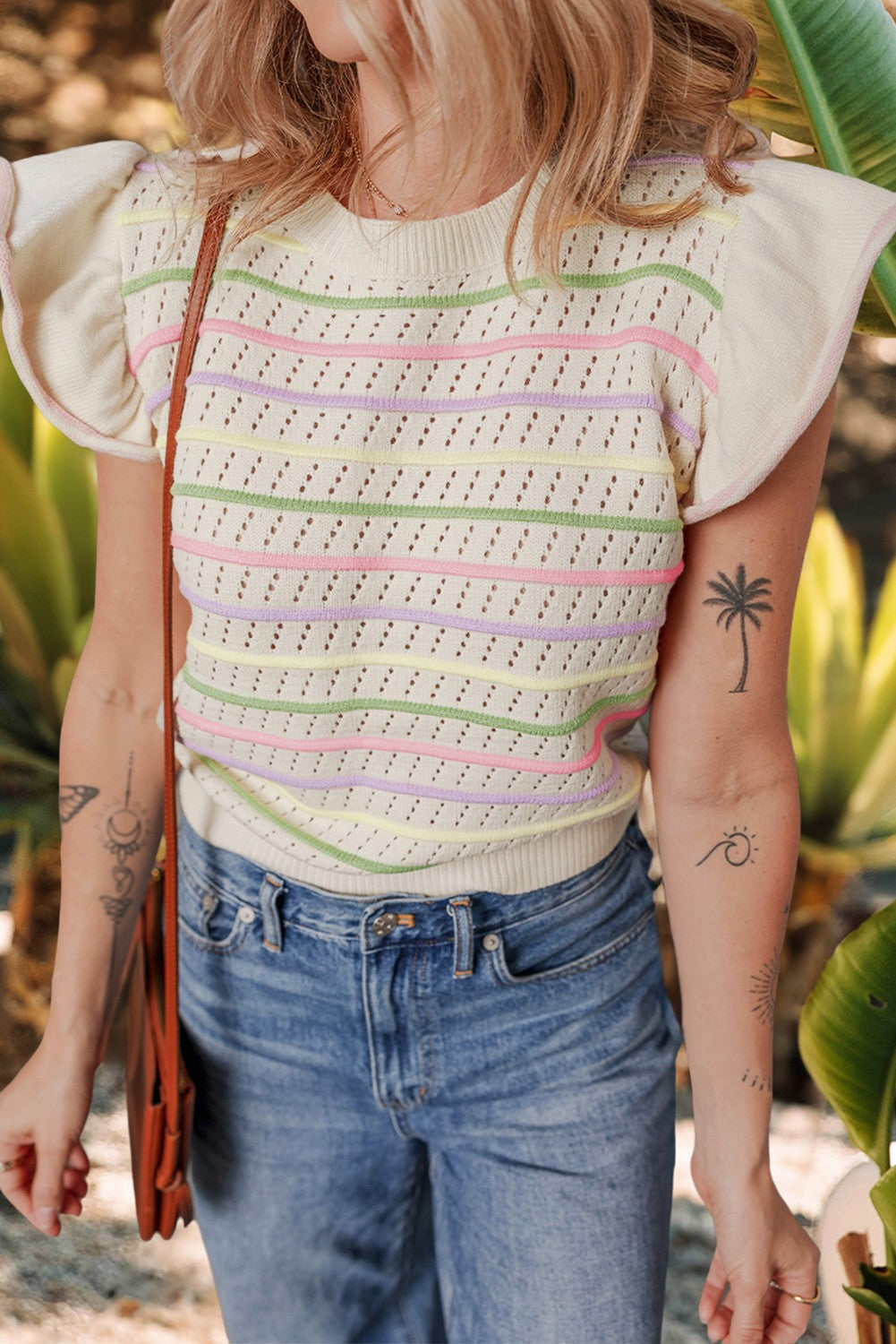 Striped Eyelet Sweater Top