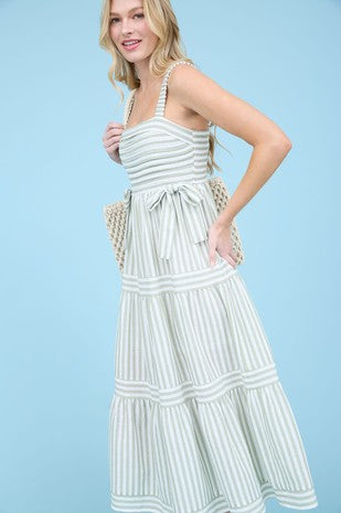 STRIPE TIE DETAIL SLEEVELESS TIERED MIDI DRESS