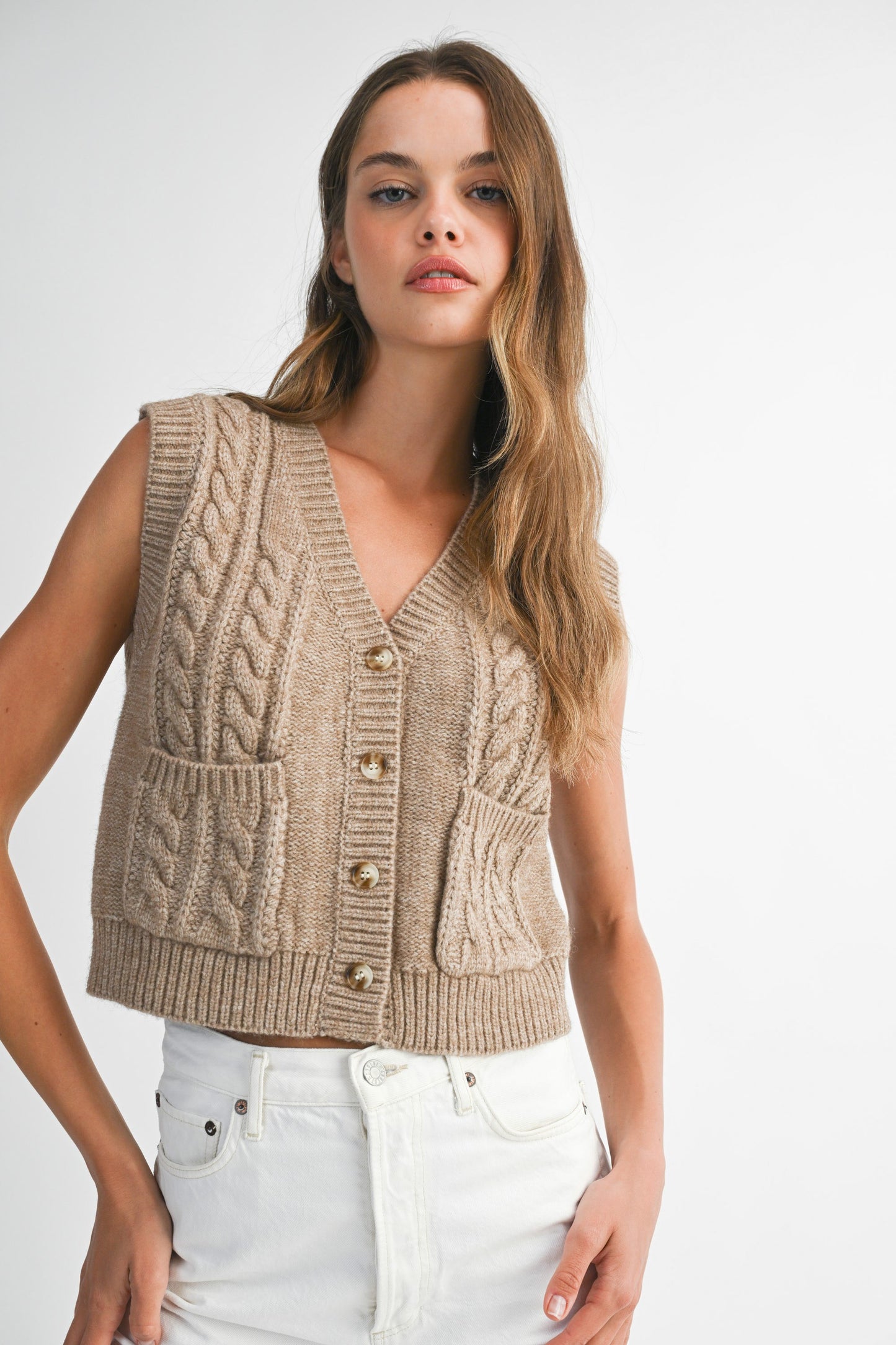 Cable Knit Button Down Sweater Vest