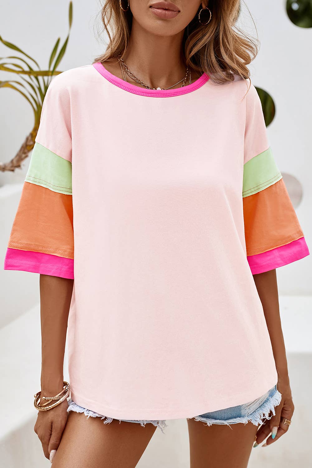 LDC Stitching Sleeve Round Neck Oversize Summer Tops