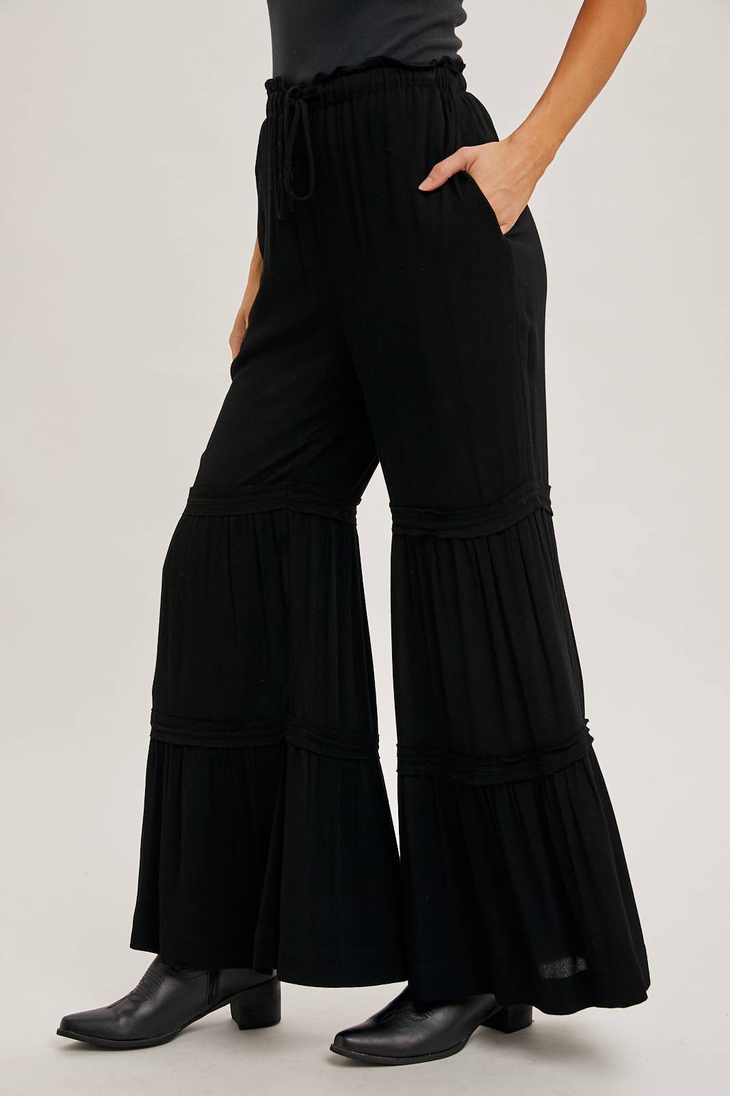 DRAWSTRING TIERED PALAZZO PANTS