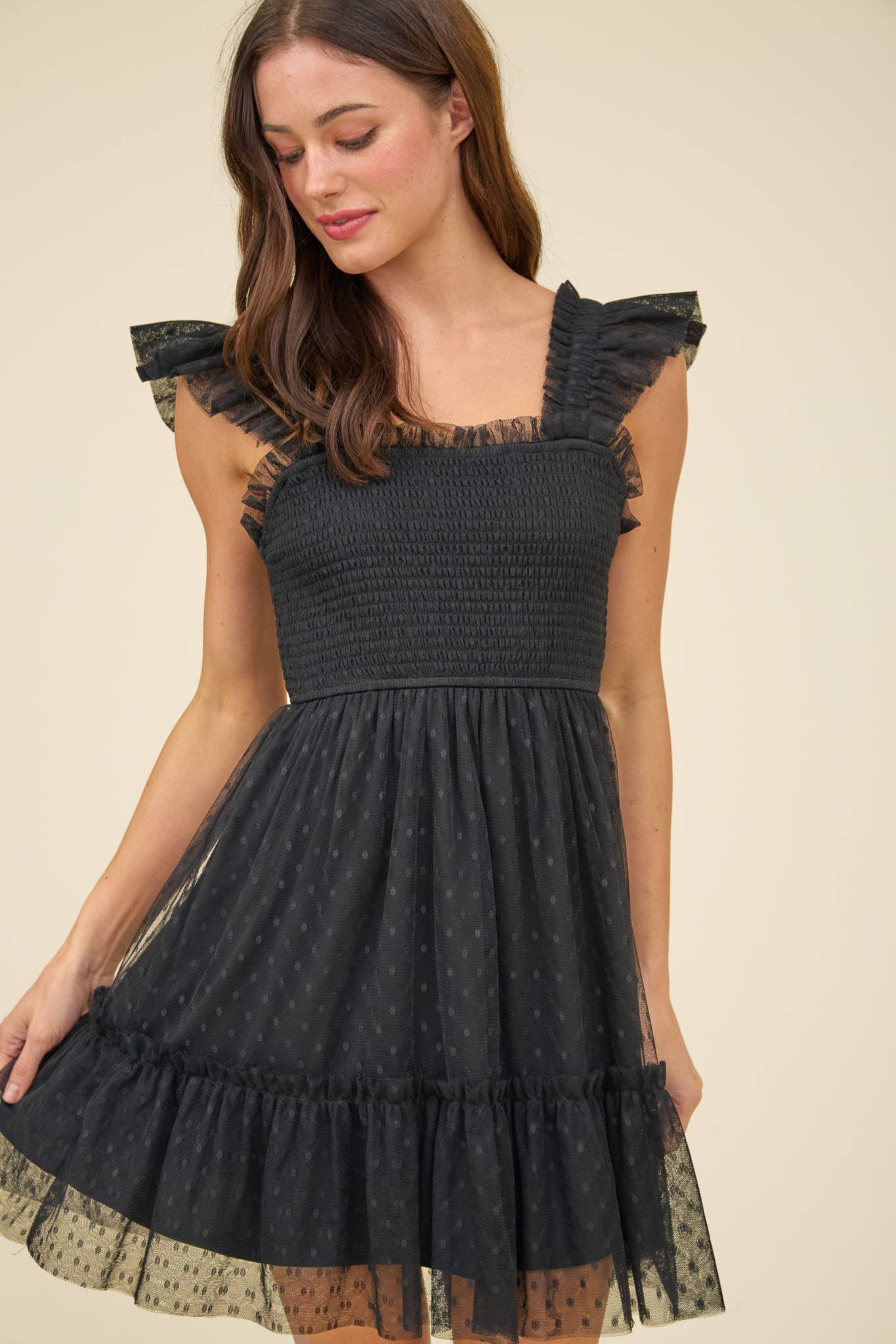 POLKA DOT SMOCKED MINI DRESS