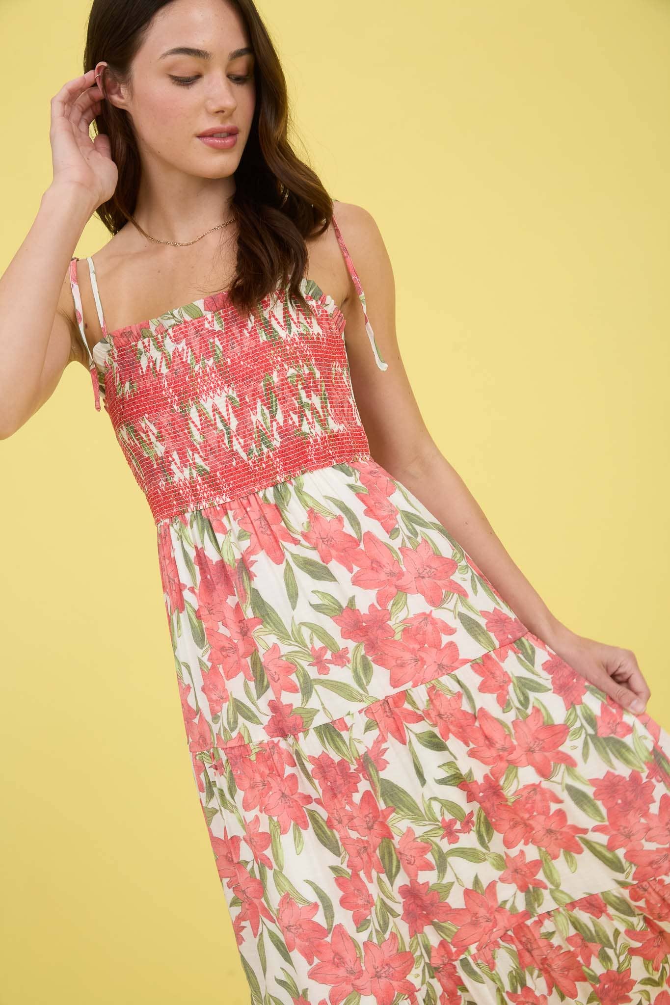 CORAL SMOCKED MIDI DRESS