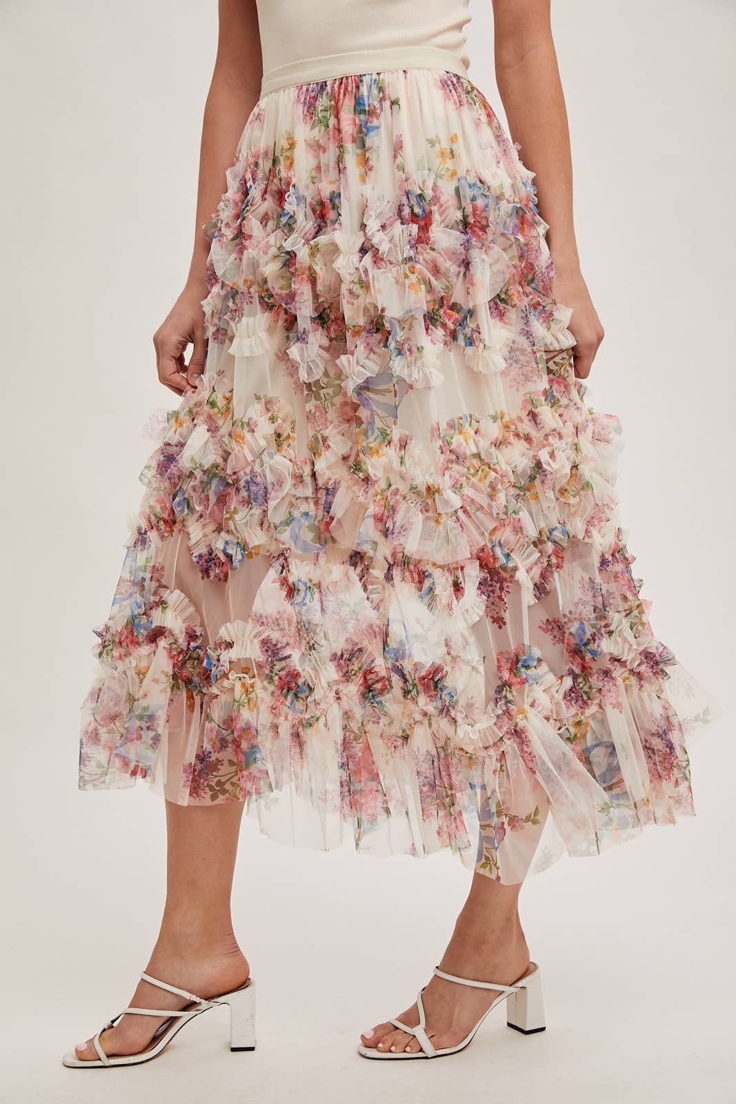 FLORAL MESH MIDI SKIRT