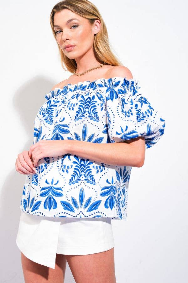 Off Shoulder Blue & White Print Top