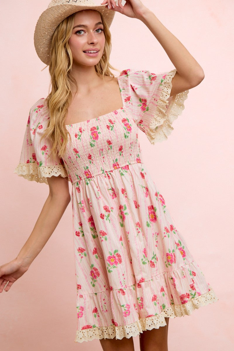 Floral Dress W/Eyelet Ruffle