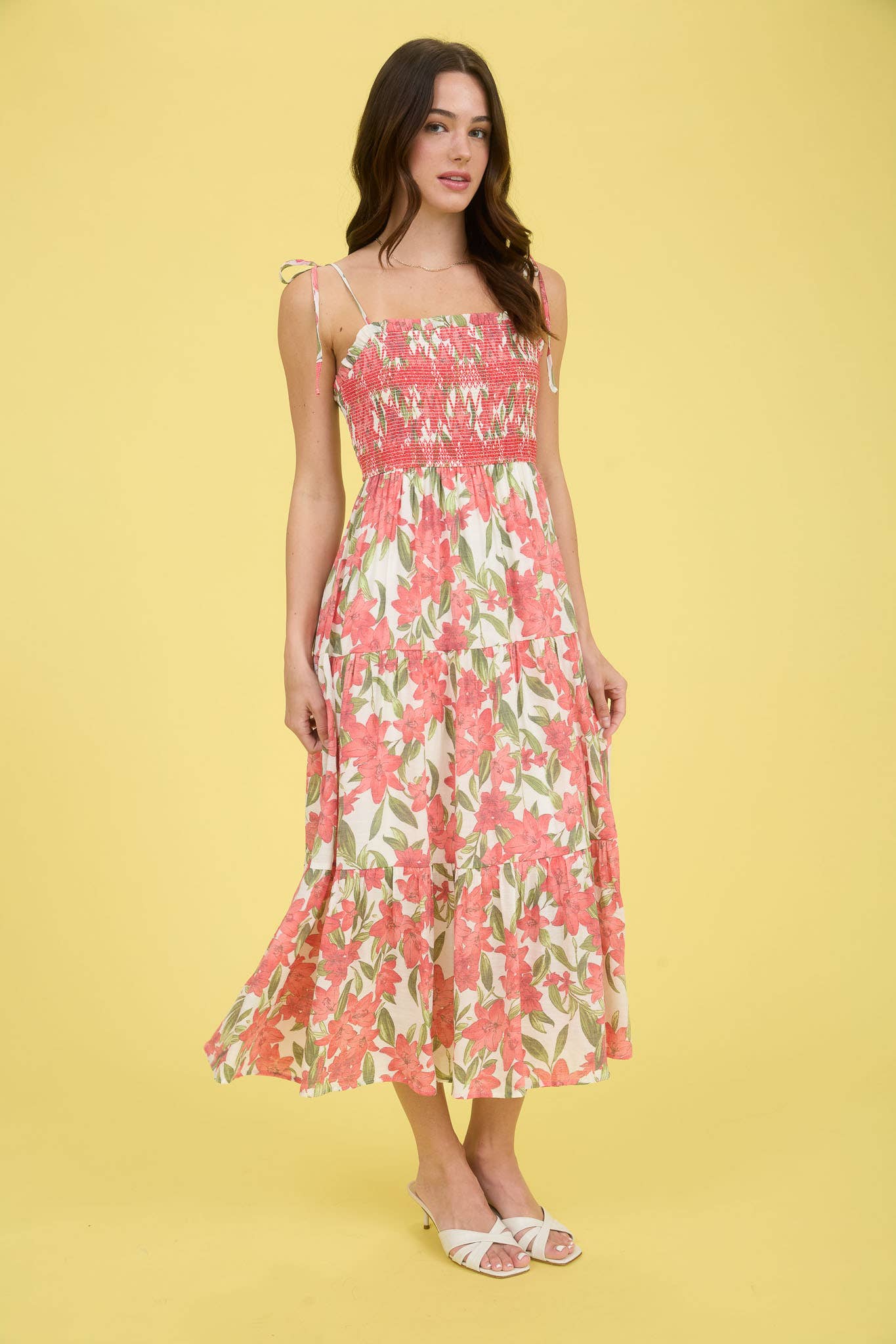 CORAL SMOCKED MIDI DRESS