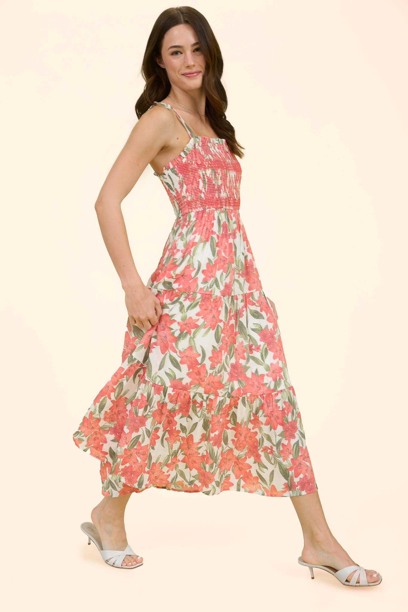 CORAL SMOCKED MIDI DRESS