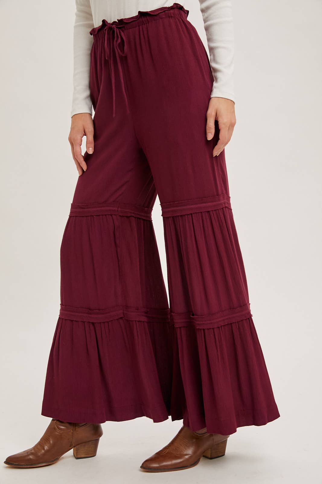 DRAWSTRING TIERED PALAZZO PANTS