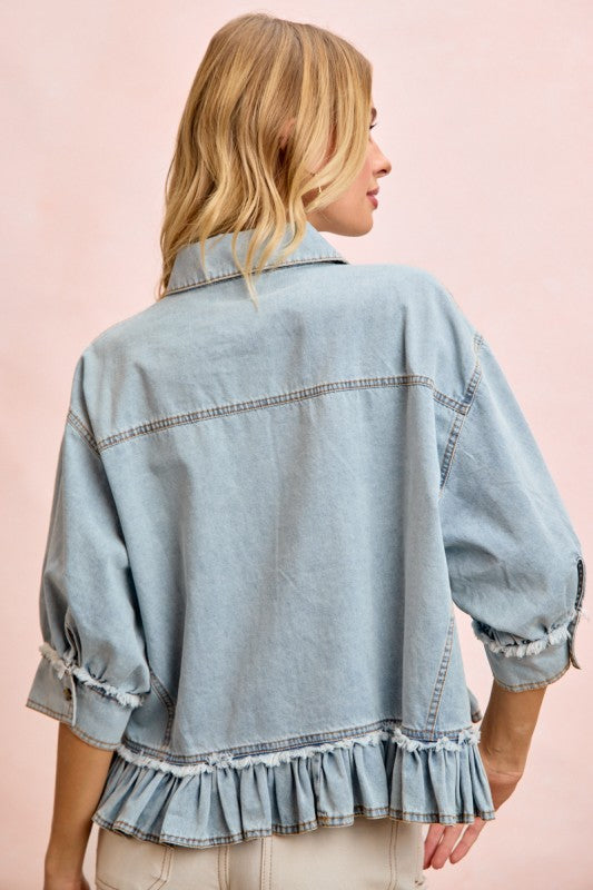 Denim Ruffled Button Up Top