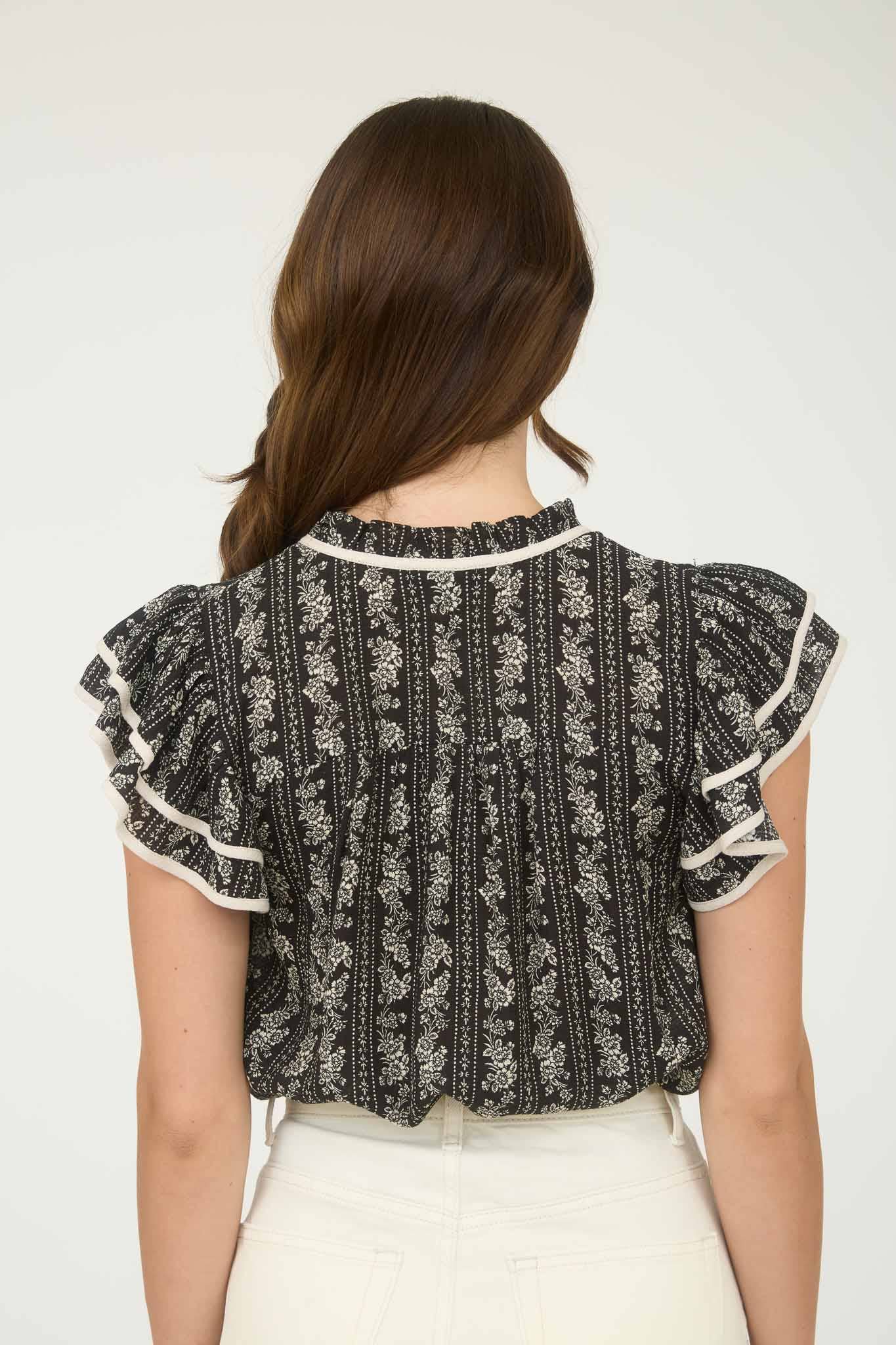 STRIPE FLORAL RUFFLE TOP