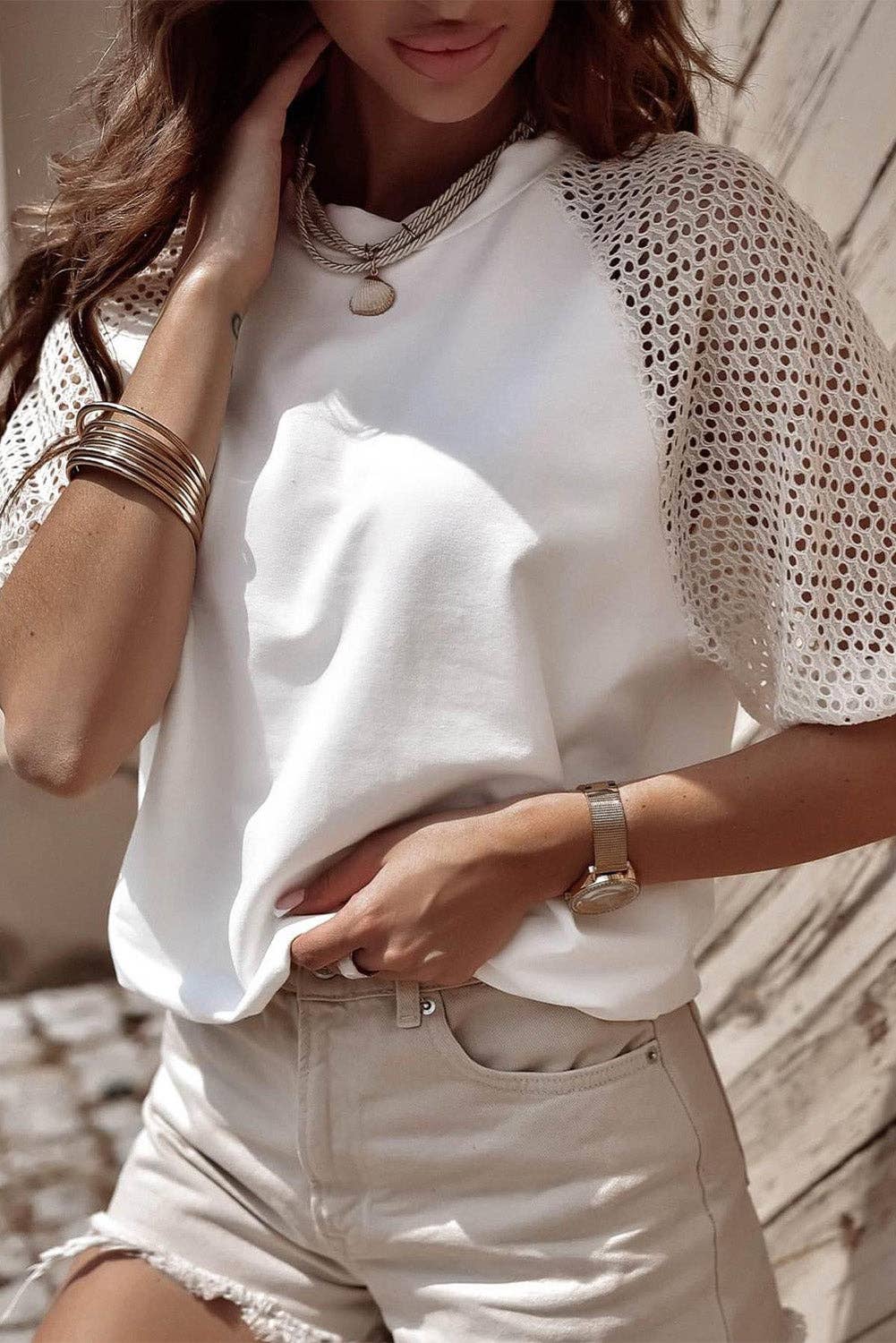 Lace Sleeve Crew Neck Tee