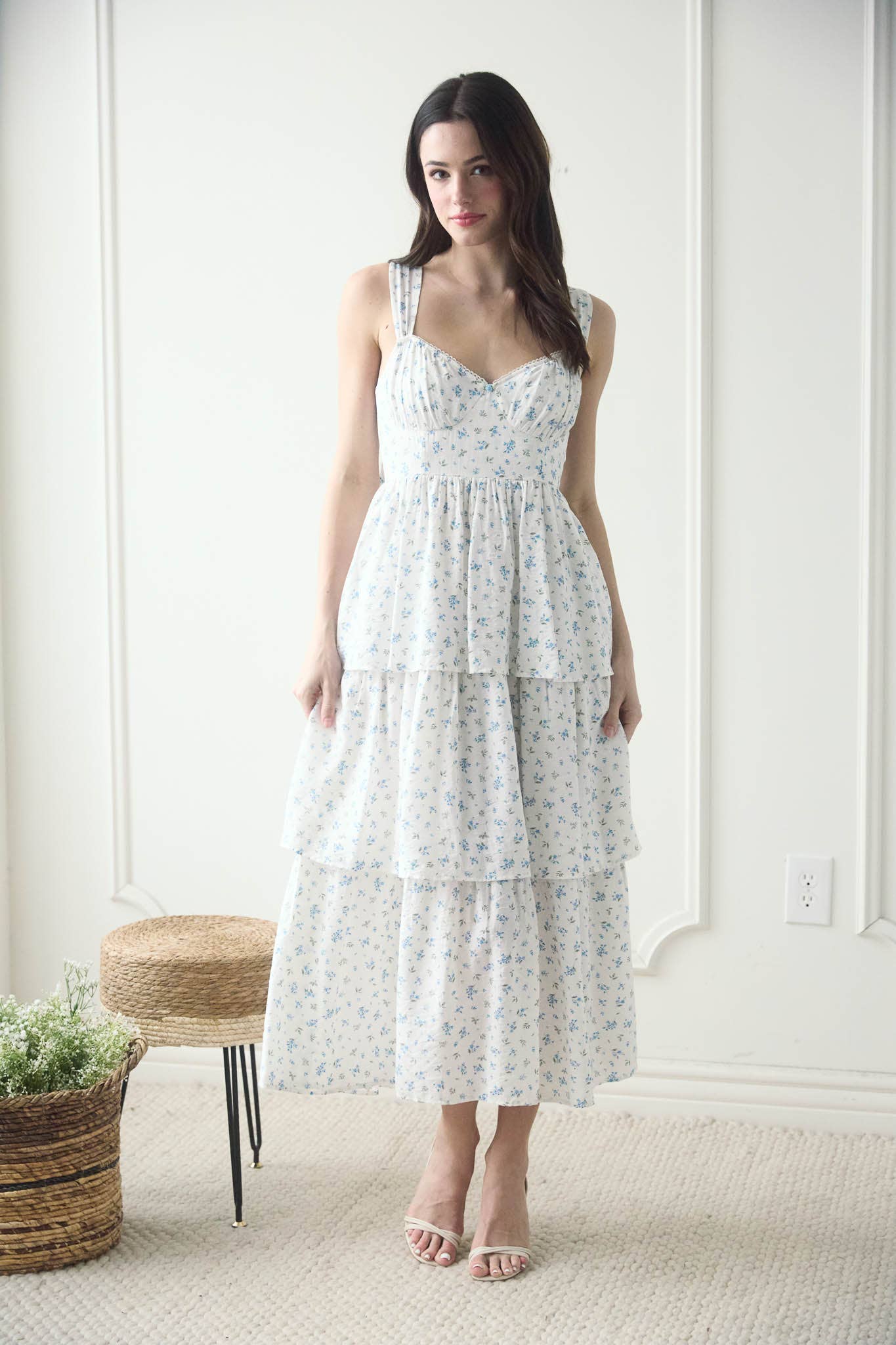 FLORAL CORSET RUFFLE MIDI DRESS