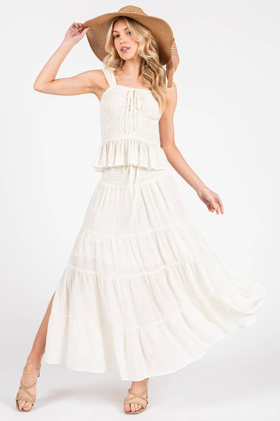 SMOCKED TIERED SKIRT
