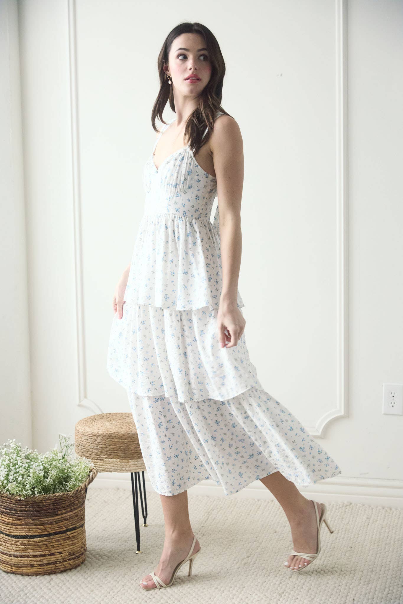 FLORAL CORSET RUFFLE MIDI DRESS