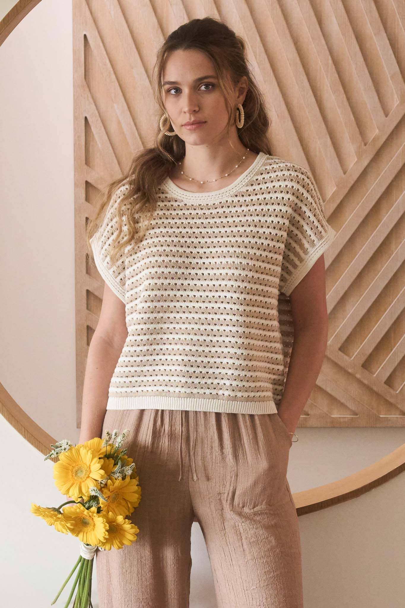 STRIPE BATWING SHORT SLEEVE SWEATER