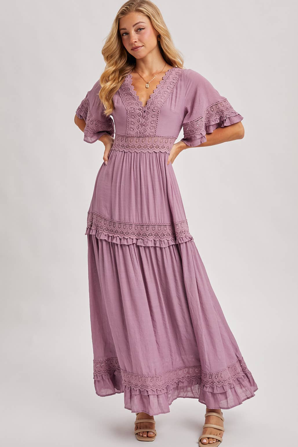 V-NECK LACE TRIM MAXI