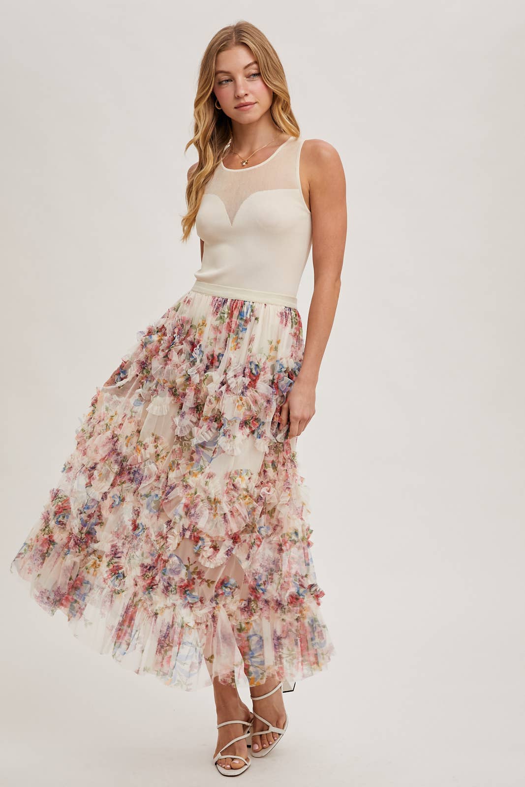 FLORAL MESH MIDI SKIRT