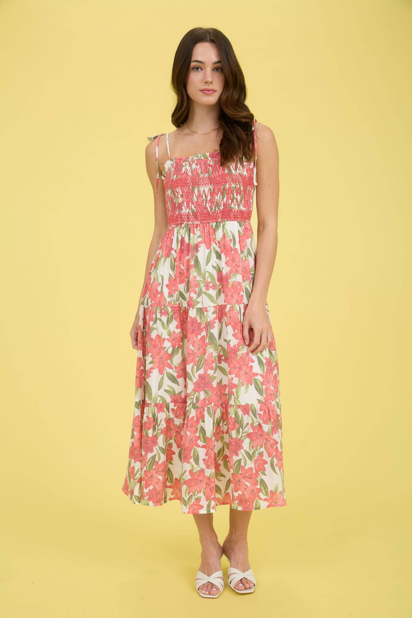 CORAL SMOCKED MIDI DRESS