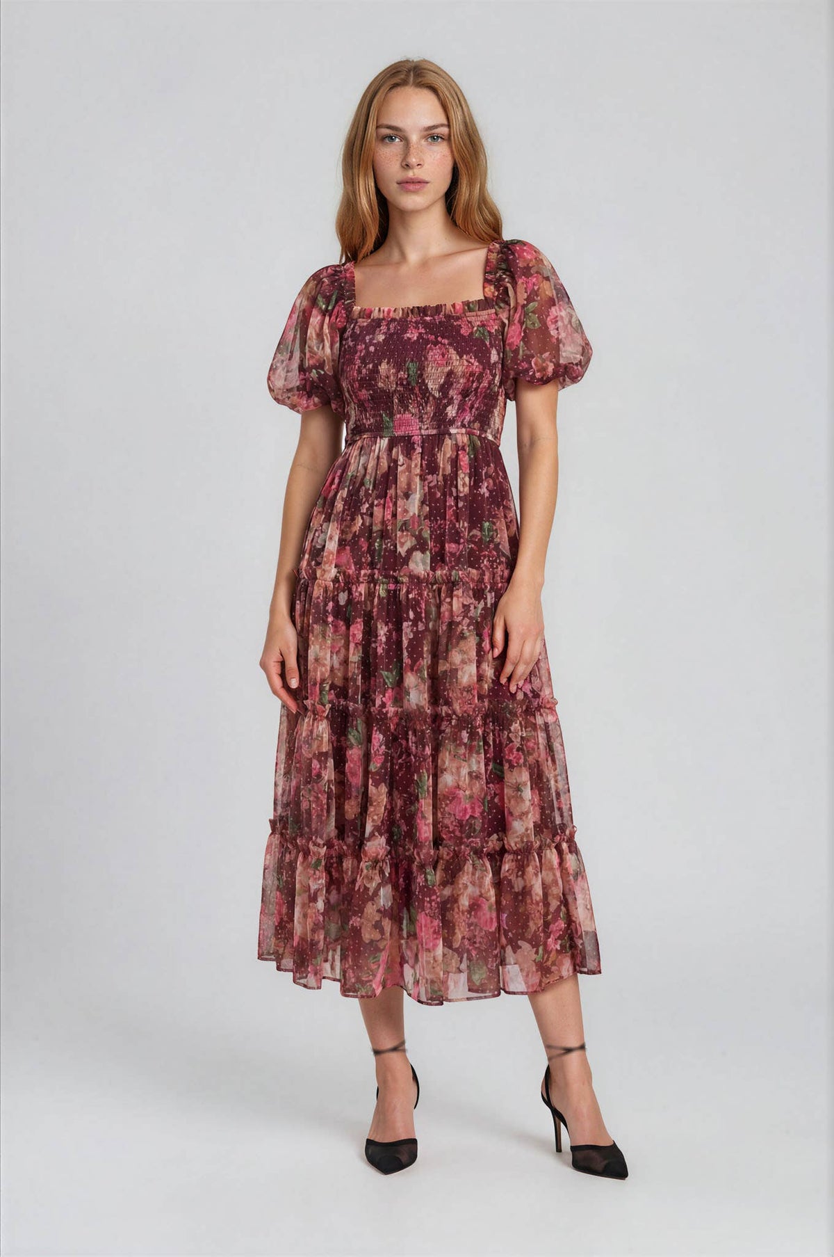 BURGUNDY FLORAL PUFF SLEEVE DRESS