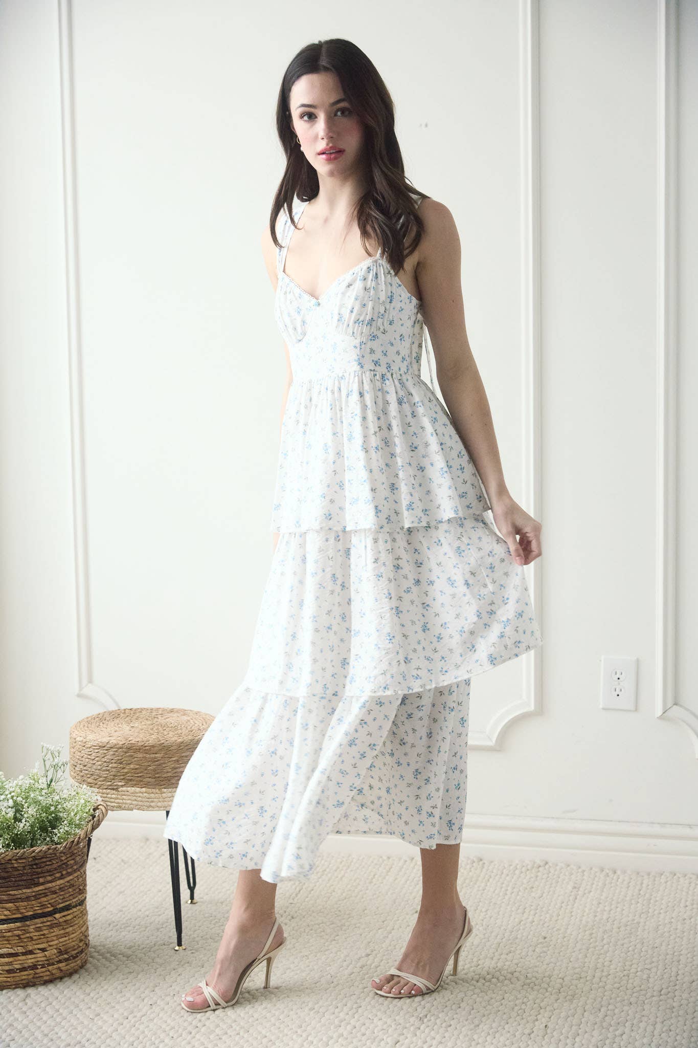 FLORAL CORSET RUFFLE MIDI DRESS