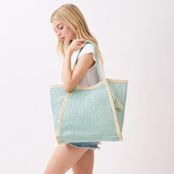 Aqua Straw Tote Bag