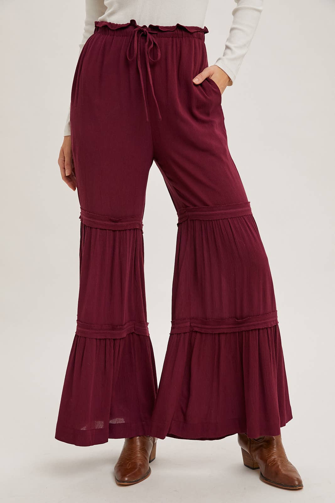 DRAWSTRING TIERED PALAZZO PANTS