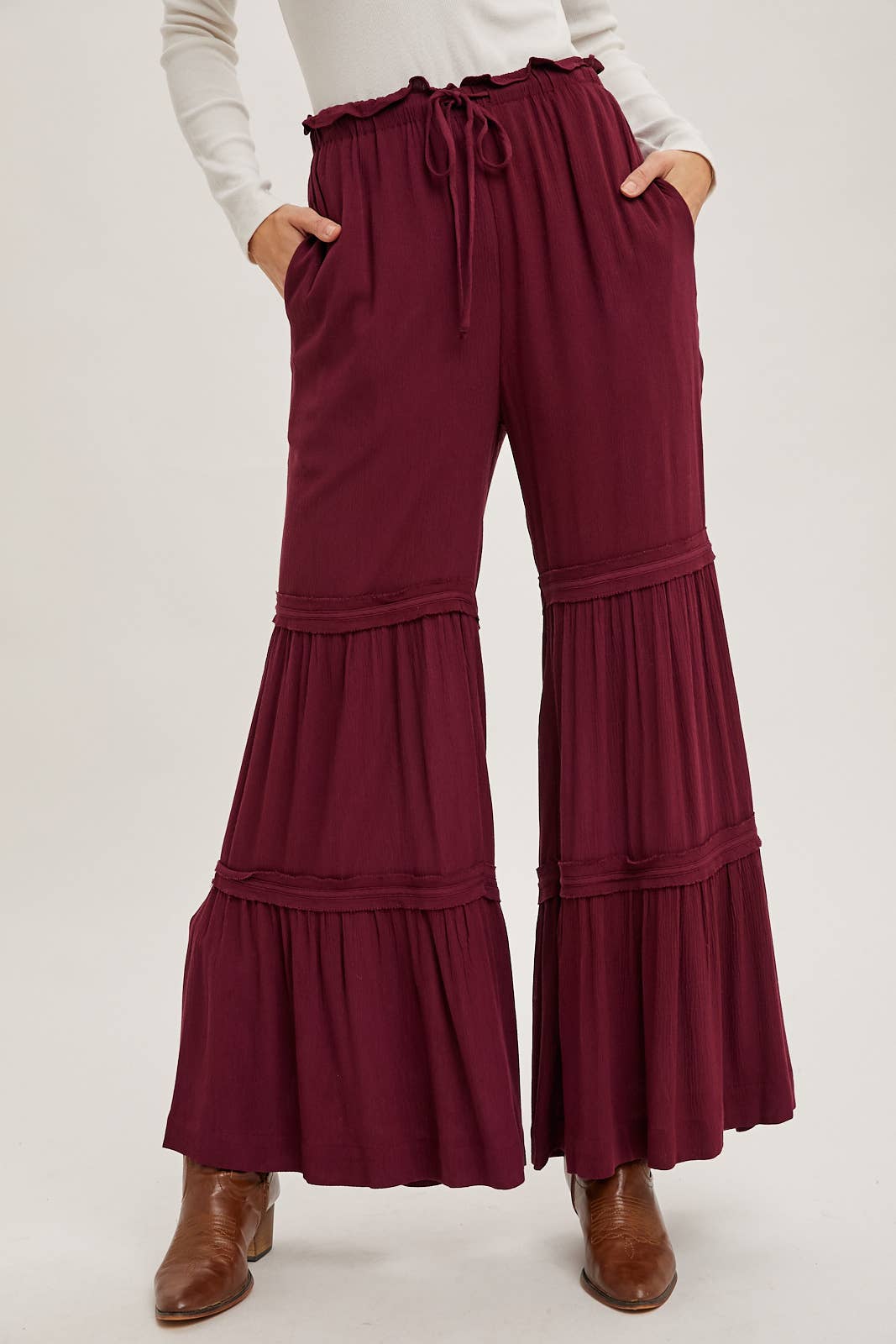 DRAWSTRING TIERED PALAZZO PANTS