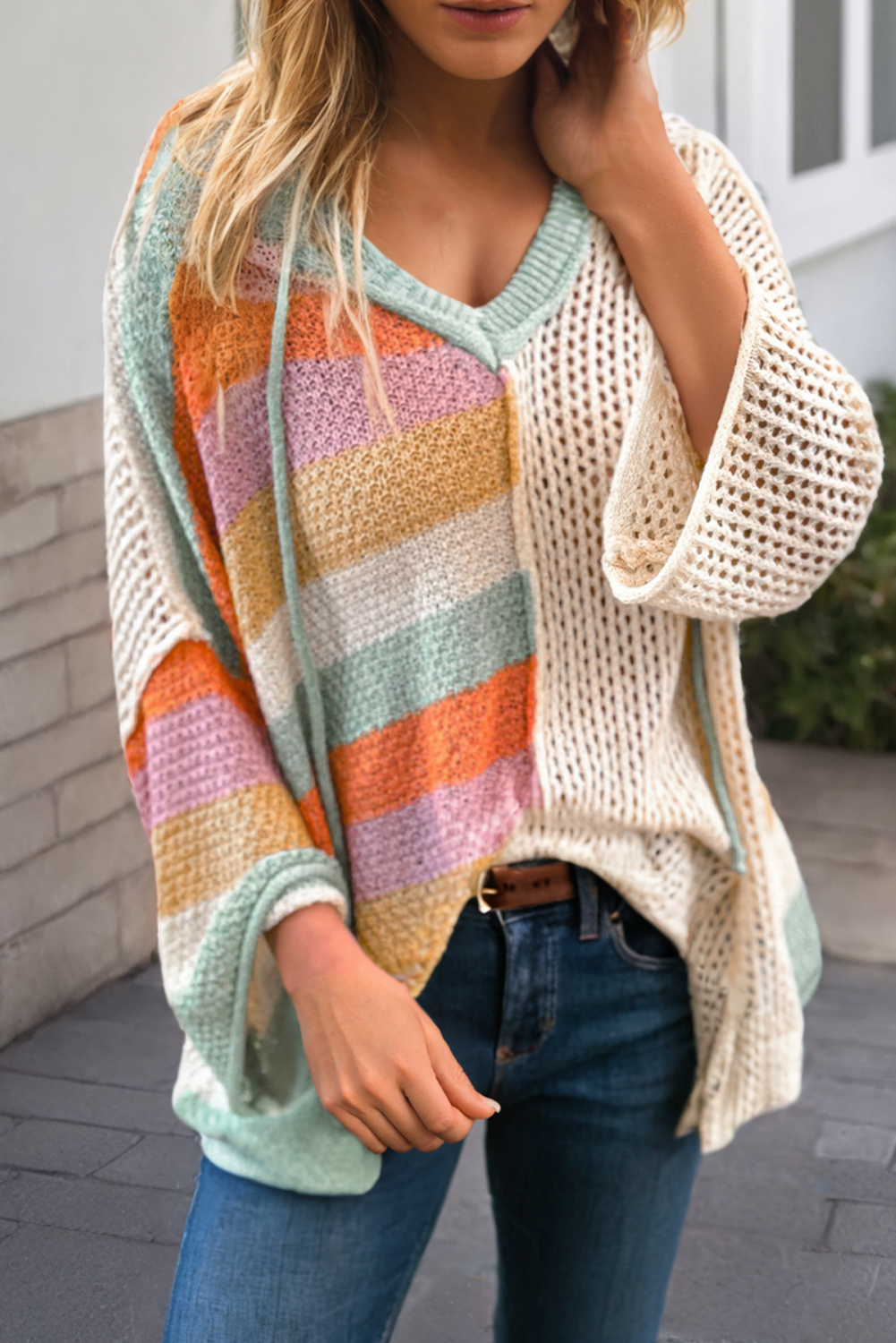 LDC Oversized Colorblock V Neck Hooded Sweater