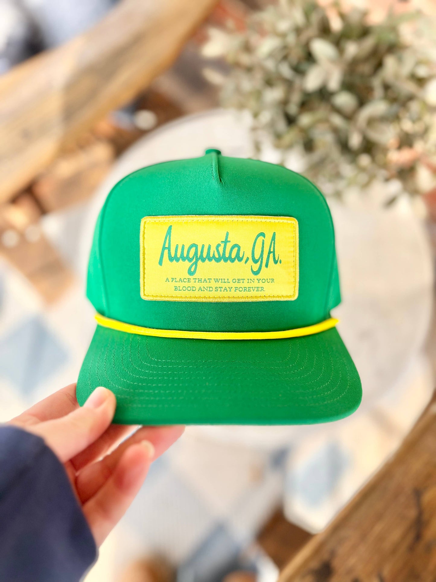 Green and Yellow Augusta, GA Patch Hat with Rope