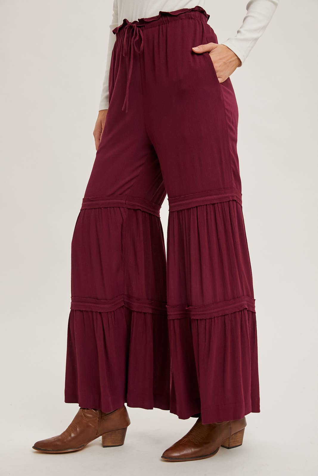 DRAWSTRING TIERED PALAZZO PANTS
