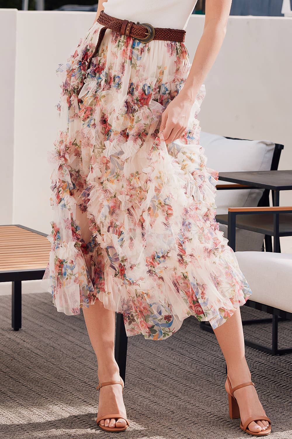 FLORAL MESH MIDI SKIRT