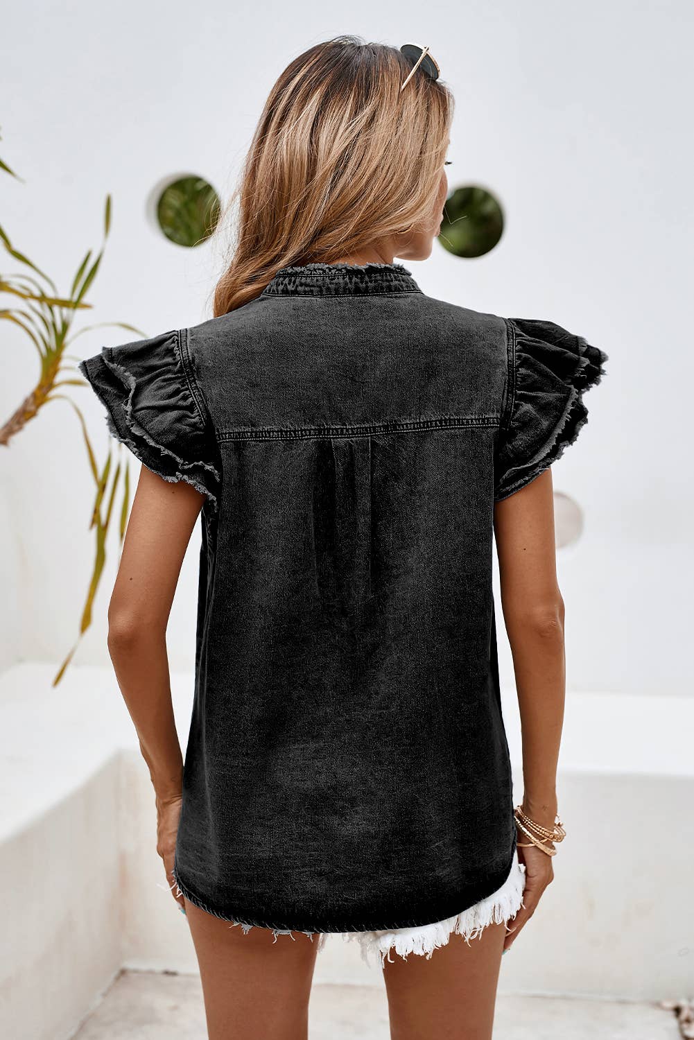 LDC Button Front Ruffle Flutter Fray Denim Blouse