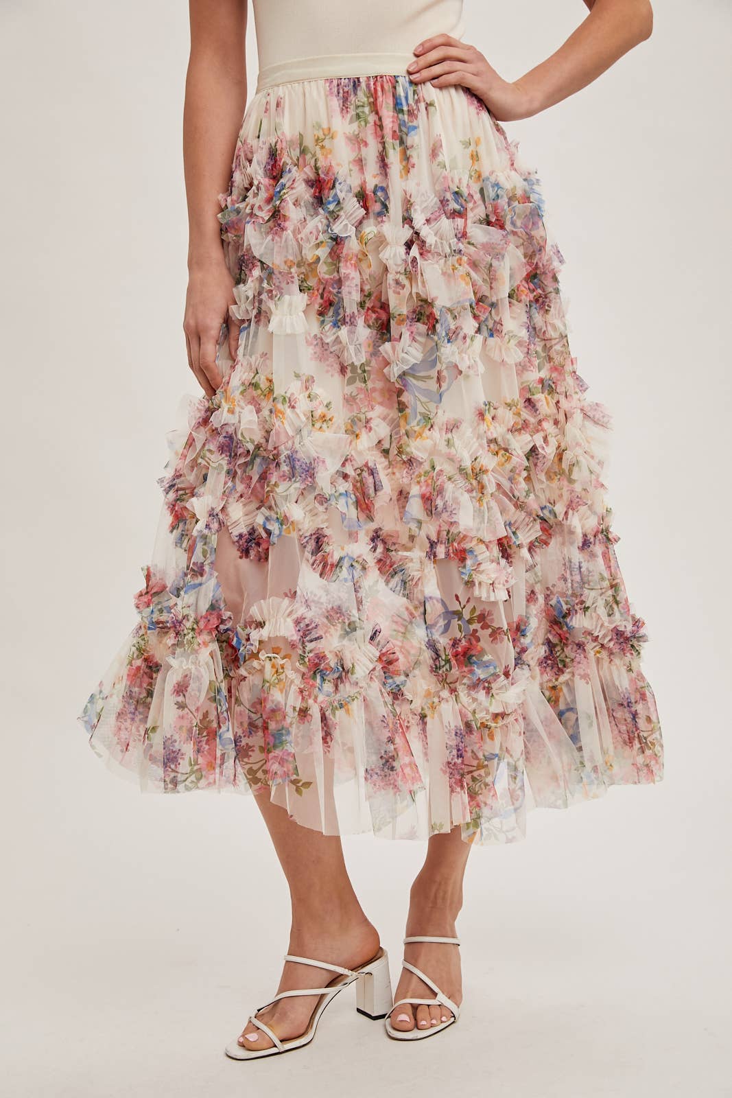 FLORAL MESH MIDI SKIRT