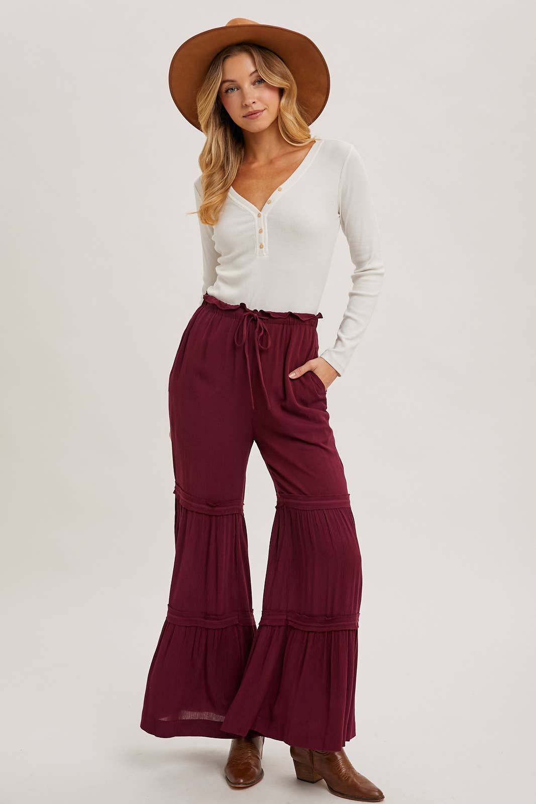 DRAWSTRING TIERED PALAZZO PANTS