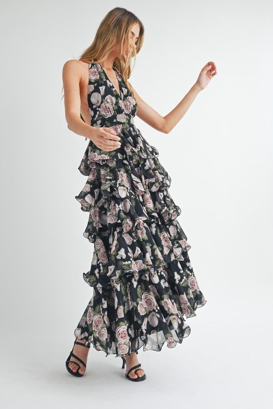 Tiered Halter Floral Maxi