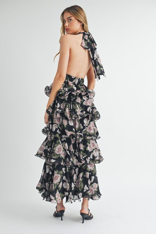 Tiered Halter Floral Maxi