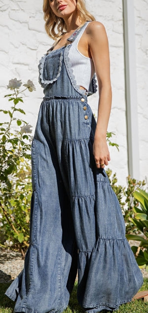 Lace Trim Tiered Sleeveless Denim Jumpsuit