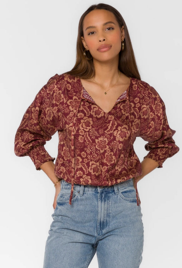 Floral Sangria Tie Front Blouse