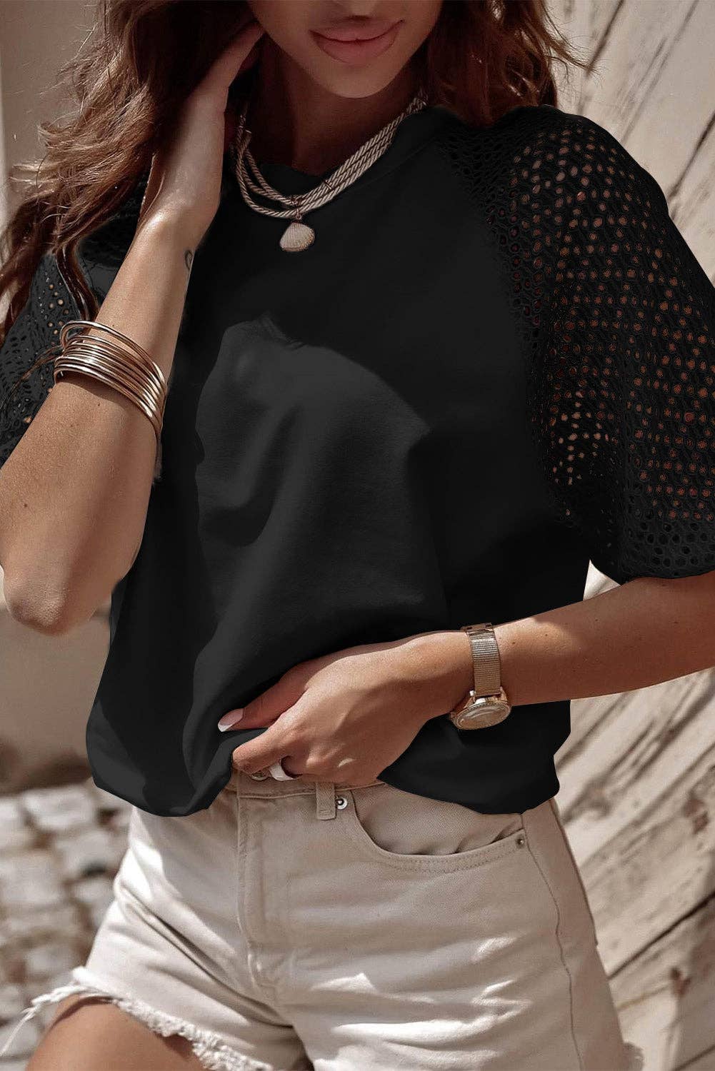 Lace Sleeve Crew Neck Tee