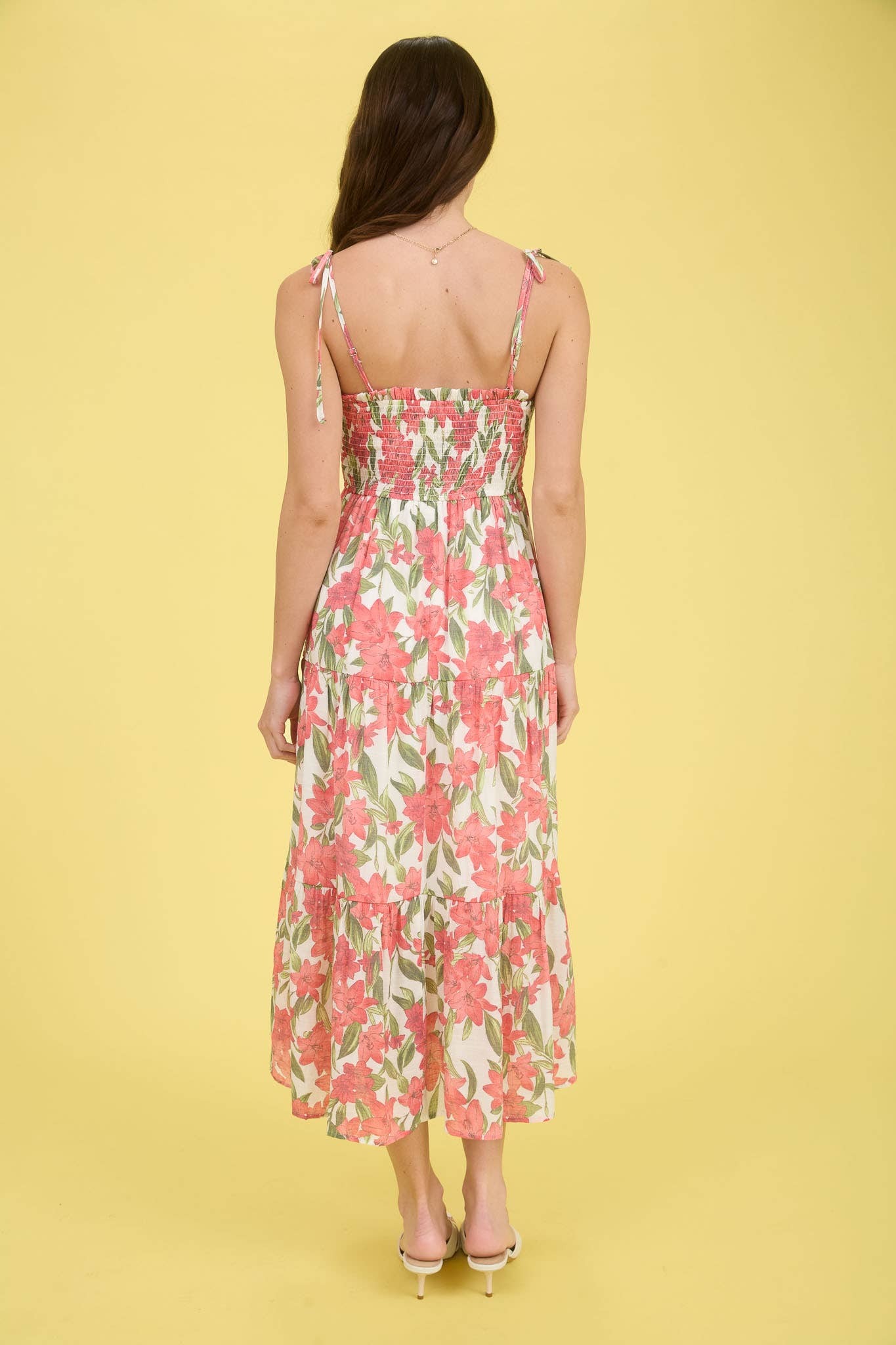 CORAL SMOCKED MIDI DRESS